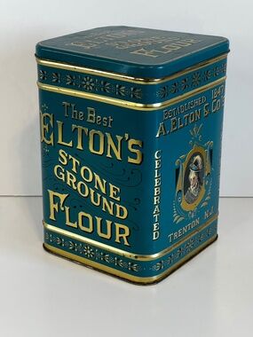 Vintage Elton’s Flour Tin 8.5" Tall Advertising Metal Harry’s Grocery England